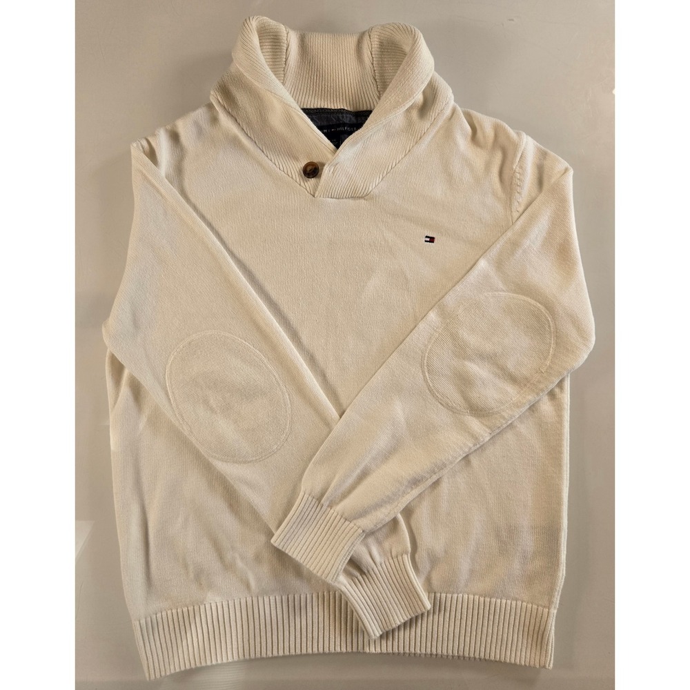 Tommy Hilfiger Mens Cream Cotton Shawl Collar Elbow Patch Sweater L